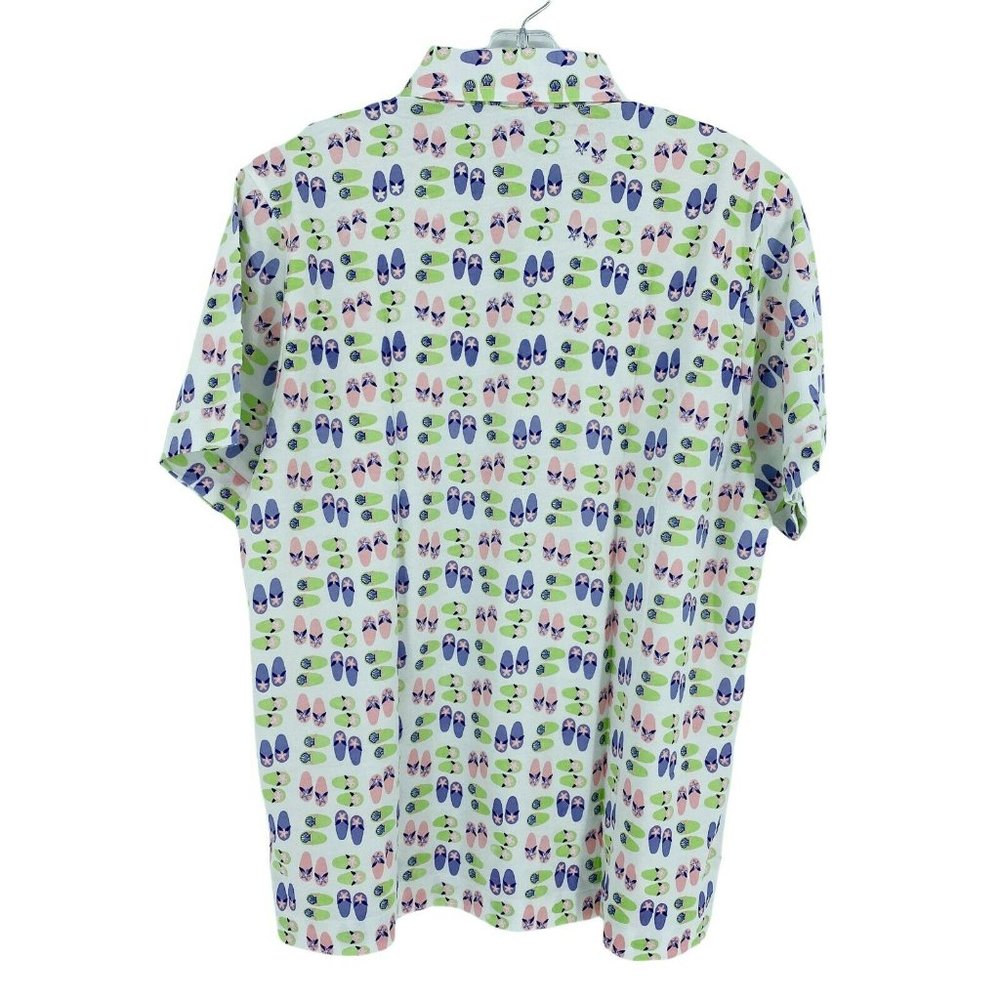 New Leon Levine Polo Shirt Womens Large Flip Flop Print Short Sleeve Blo… - Picture 2 of 8